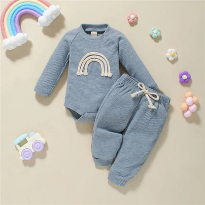 5 Colors Toddler Infant Baby Boy Girls Casual Outfits Rainbow Print Plaid Knitted Long Sleeve Rompers+Pants 2Pcs Newborn Clothes