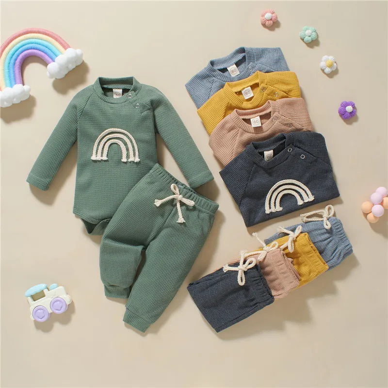 5 Colors Toddler Infant Baby Boy Girls Casual Outfits Rainbow Print Plaid Knitted Long Sleeve Rompers+Pants 2Pcs Newborn Clothes