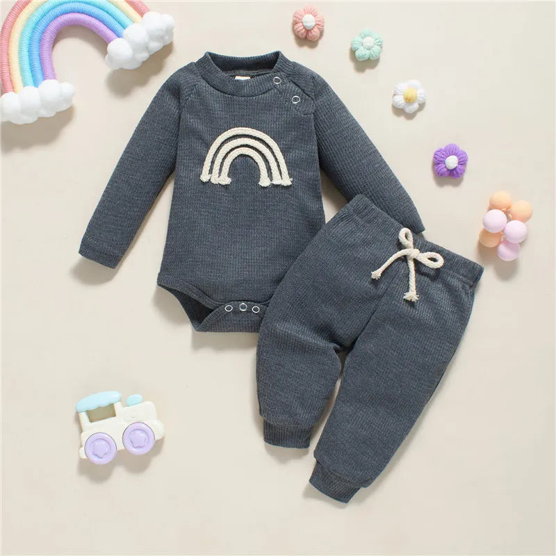 5 Colors Toddler Infant Baby Boy Girls Casual Outfits Rainbow Print Plaid Knitted Long Sleeve Rompers+Pants 2Pcs Newborn Clothes