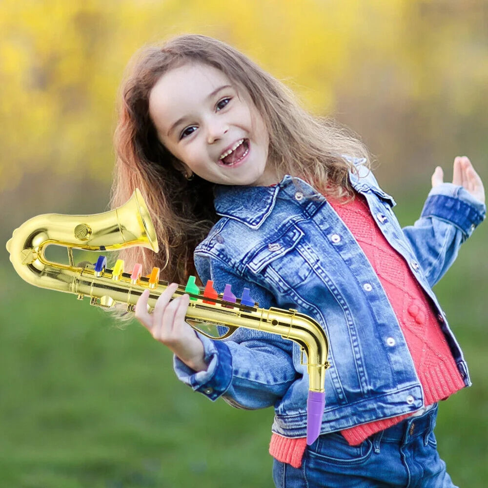 Children Plastic Trumpet Toy Musical Instruments Toy Saxophone 8 Rhythms Trumpet Toy Kids Mini Musical Instrument Toy Props for Preschool Toy Gift CZ02 (Golden)