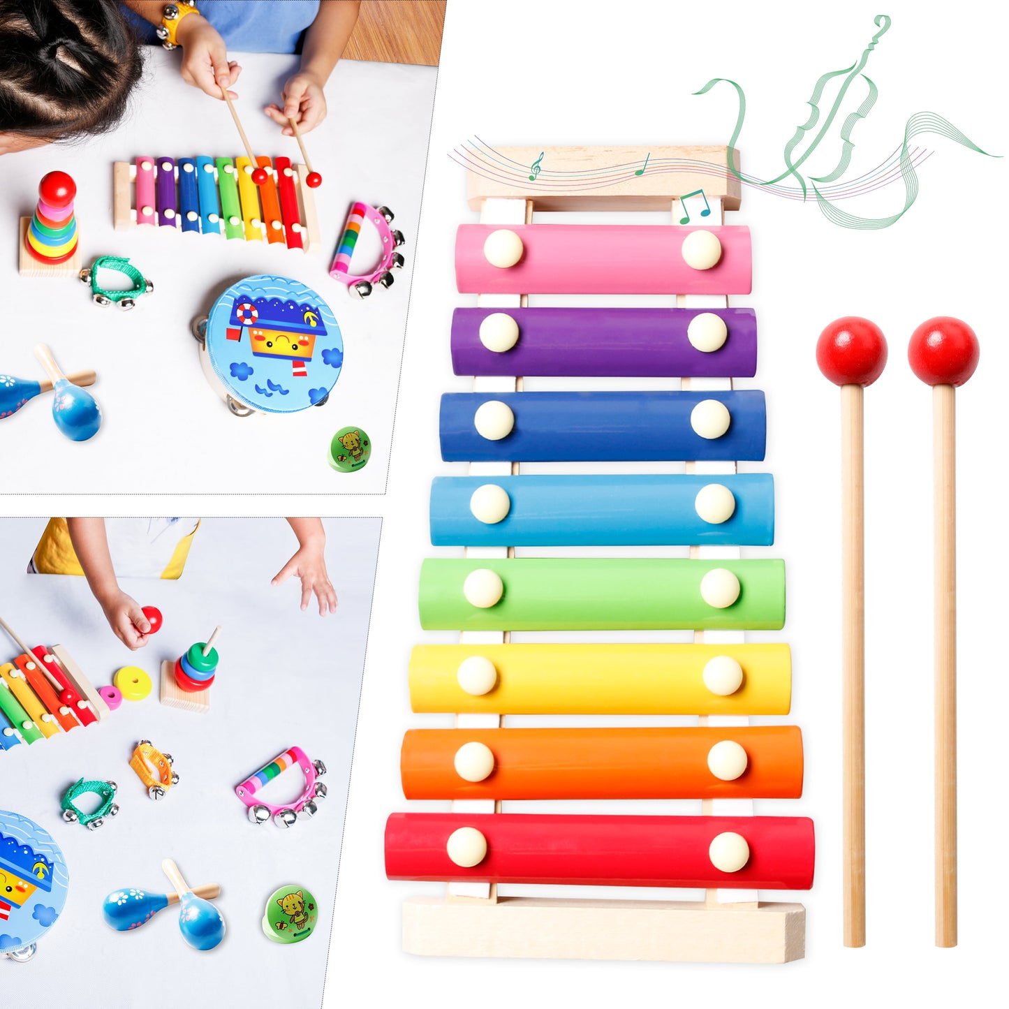 Kids Musical Instruments, Musical Instruments Wood Xylophone for Kids Children, Child Wooden Music Shakers Percussion Instruments Tambourine Birthday Gifts Present with Carrying Bag