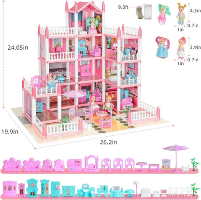 Play Doll House, Dollhouse for Girls Pretend Play DIY Dollhouse Kit 4 Story 11 Rooms Playhouse with 4 Dolls Toy Figures,Furniture and Accessories Set Gift Toy for Kids Ages 3 + Assemble Required