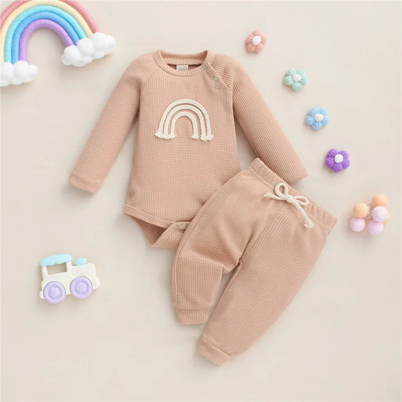 5 Colors Toddler Infant Baby Boy Girls Casual Outfits Rainbow Print Plaid Knitted Long Sleeve Rompers+Pants 2Pcs Newborn Clothes