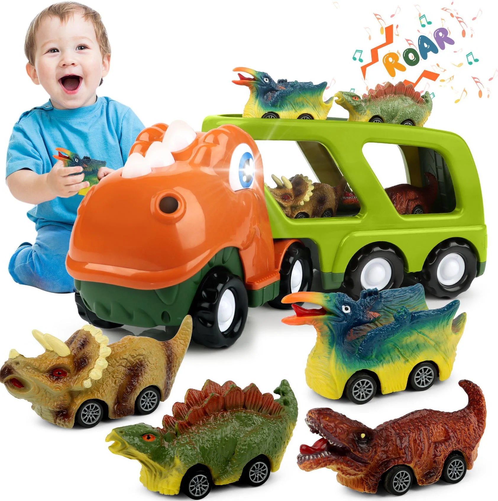 Boy Toys Cars 3-5, Dinosaur Truck with 4 Pull Back Dinosaur Cars, Dinosaur Toys for 1 2 3 4 5 Year Old Boys with Flashing Lights, Music and Roaring Sound