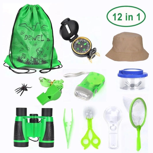 Kids Explorer Sets Nature Outdoor Exploration Adventure Set for 3-8 Boys Girls-Binoculars Flashlight Hat Bug Catching Kits Whistle Compass Science Camping Hiking Children Gift Plastic