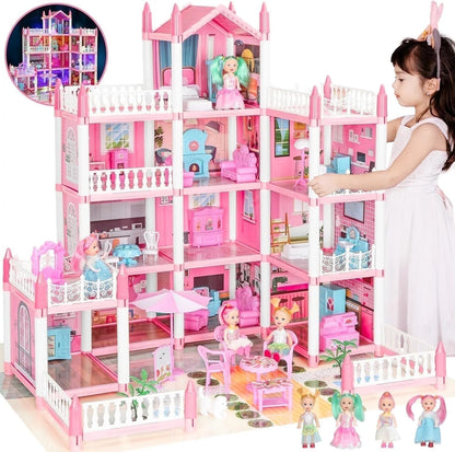 Play Doll House, Dollhouse for Girls Pretend Play DIY Dollhouse Kit 4 Story 11 Rooms Playhouse with 4 Dolls Toy Figures,Furniture and Accessories Set Gift Toy for Kids Ages 3 + Assemble Required