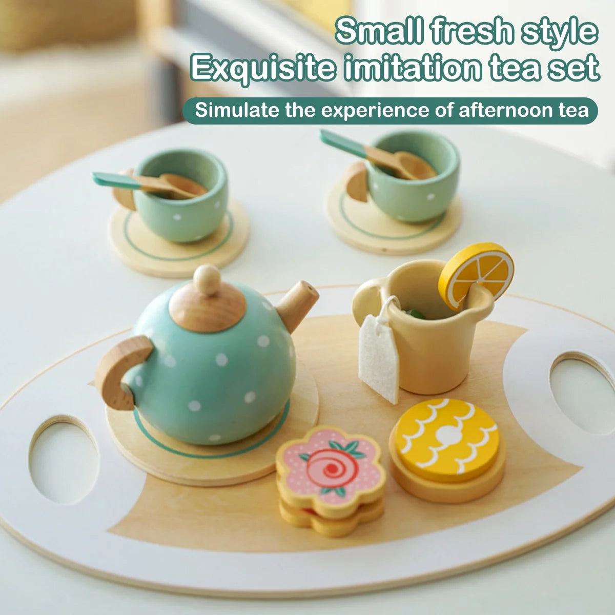 14Pcs Wooden Tea Set Toy,Toddler Tea Set Play Kitchen Accessories Play Food Playset for Kids Tea Party