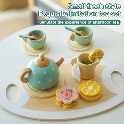 14Pcs Wooden Tea Set Toy,Toddler Tea Set Play Kitchen Accessories Play Food Playset for Kids Tea Party