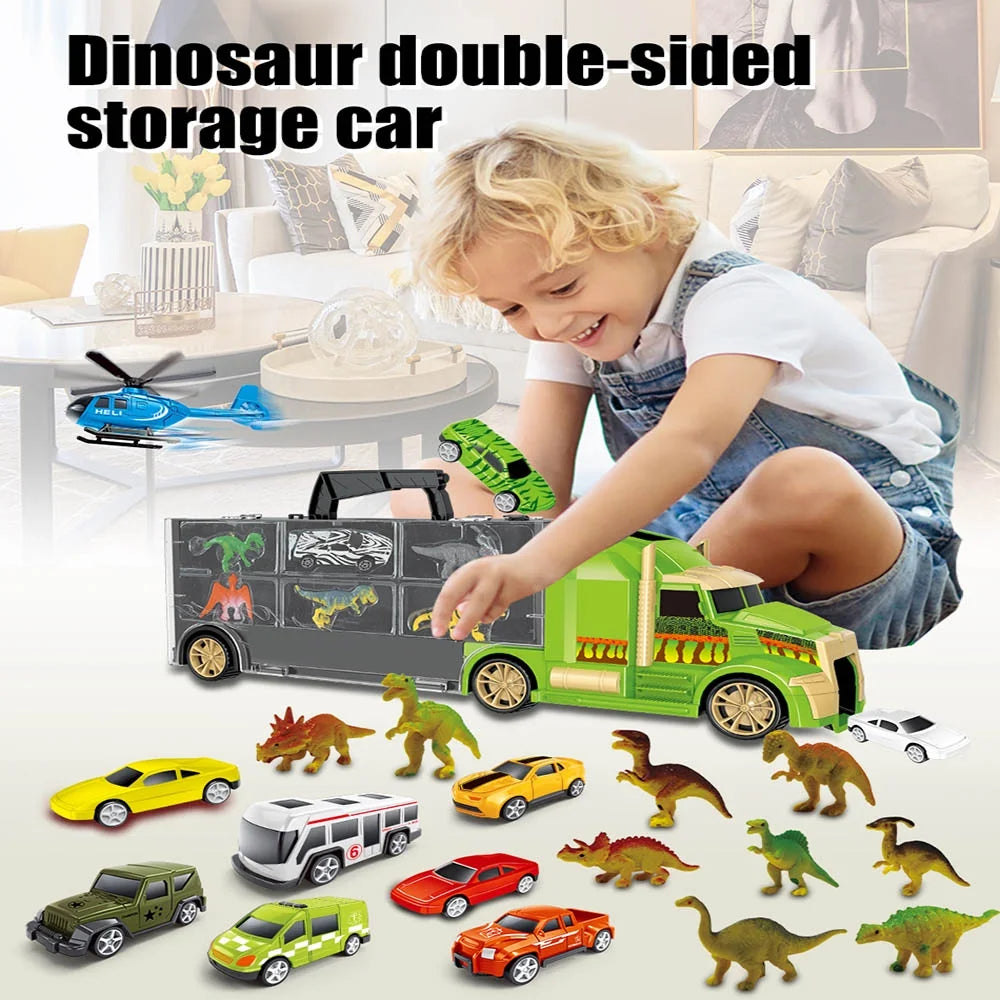 Dinosaur Truck Carrier - 26 Pieces Toy Truck Transport Car Carrier with Dinosaurs, Helicopter, Cars - Monster Trucks for Boys & Girls - Kids Toys for 3 to 12 Years Old