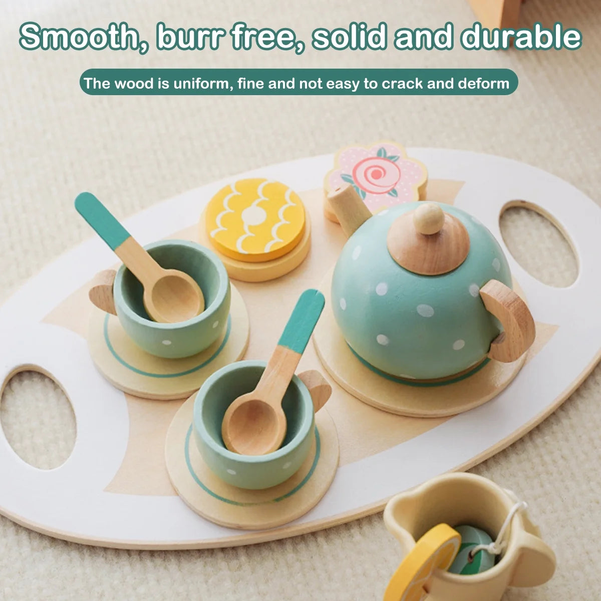 14Pcs Wooden Tea Set Toy,Toddler Tea Set Play Kitchen Accessories Play Food Playset for Kids Tea Party