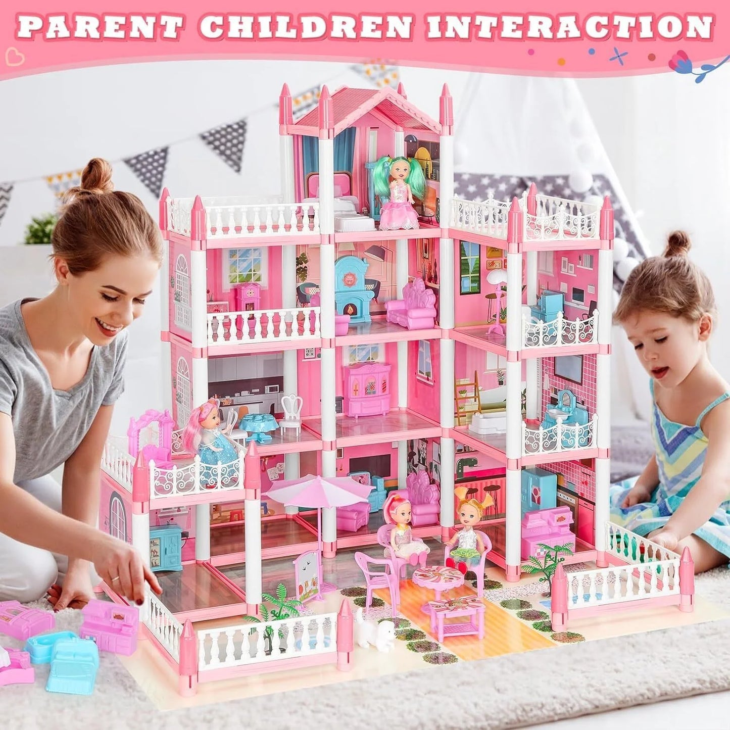 Play Doll House, Dollhouse for Girls Pretend Play DIY Dollhouse Kit 4 Story 11 Rooms Playhouse with 4 Dolls Toy Figures,Furniture and Accessories Set Gift Toy for Kids Ages 3 + Assemble Required