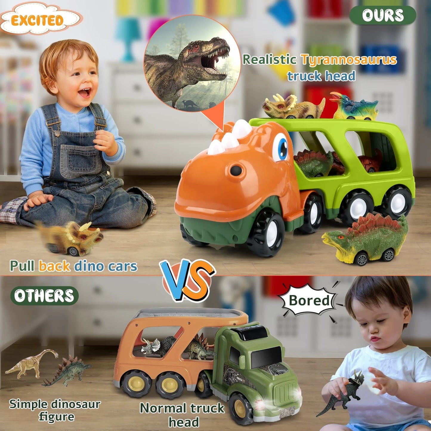 Boy Toys Cars 3-5, Dinosaur Truck with 4 Pull Back Dinosaur Cars, Dinosaur Toys for 1 2 3 4 5 Year Old Boys with Flashing Lights, Music and Roaring Sound