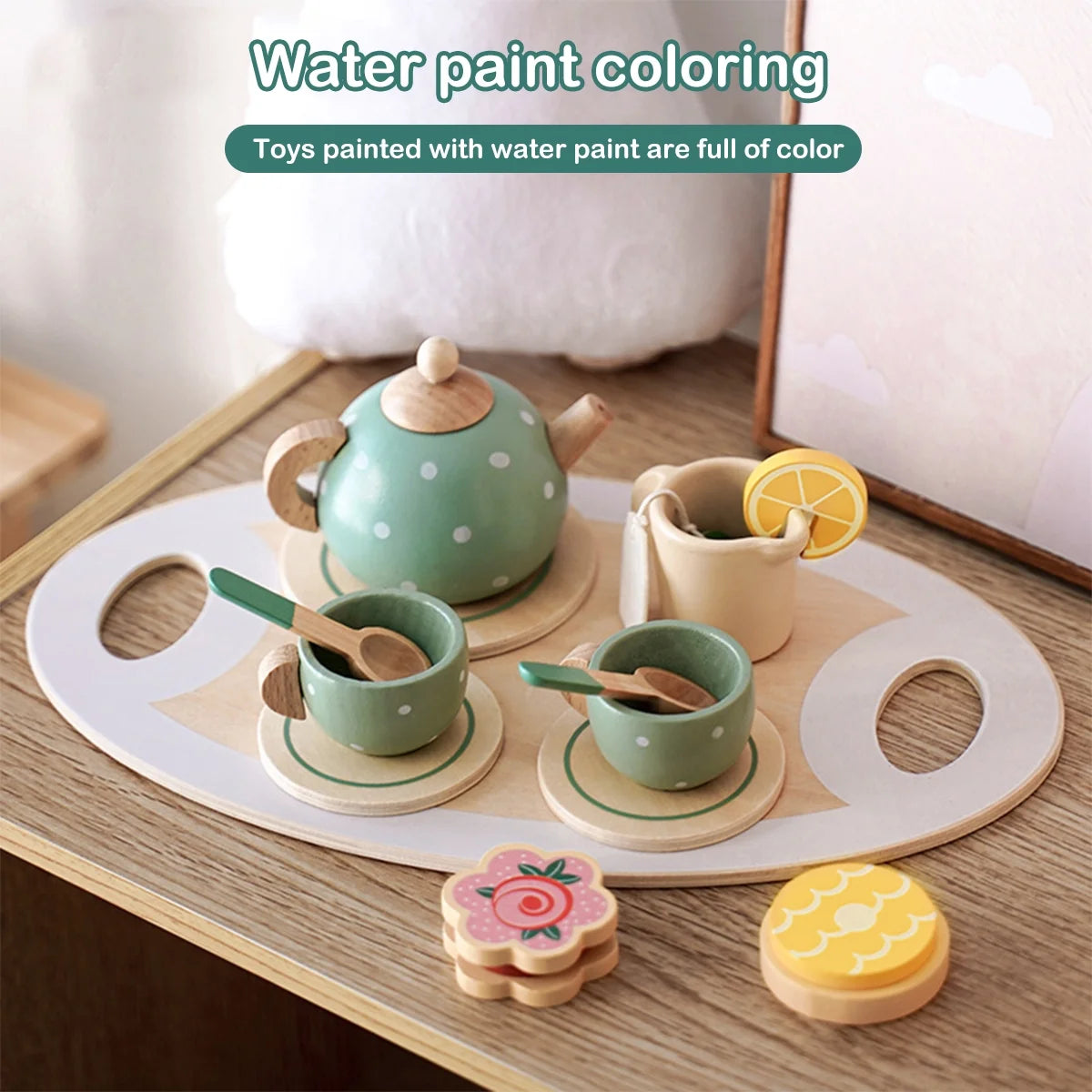 14Pcs Wooden Tea Set Toy,Toddler Tea Set Play Kitchen Accessories Play Food Playset for Kids Tea Party