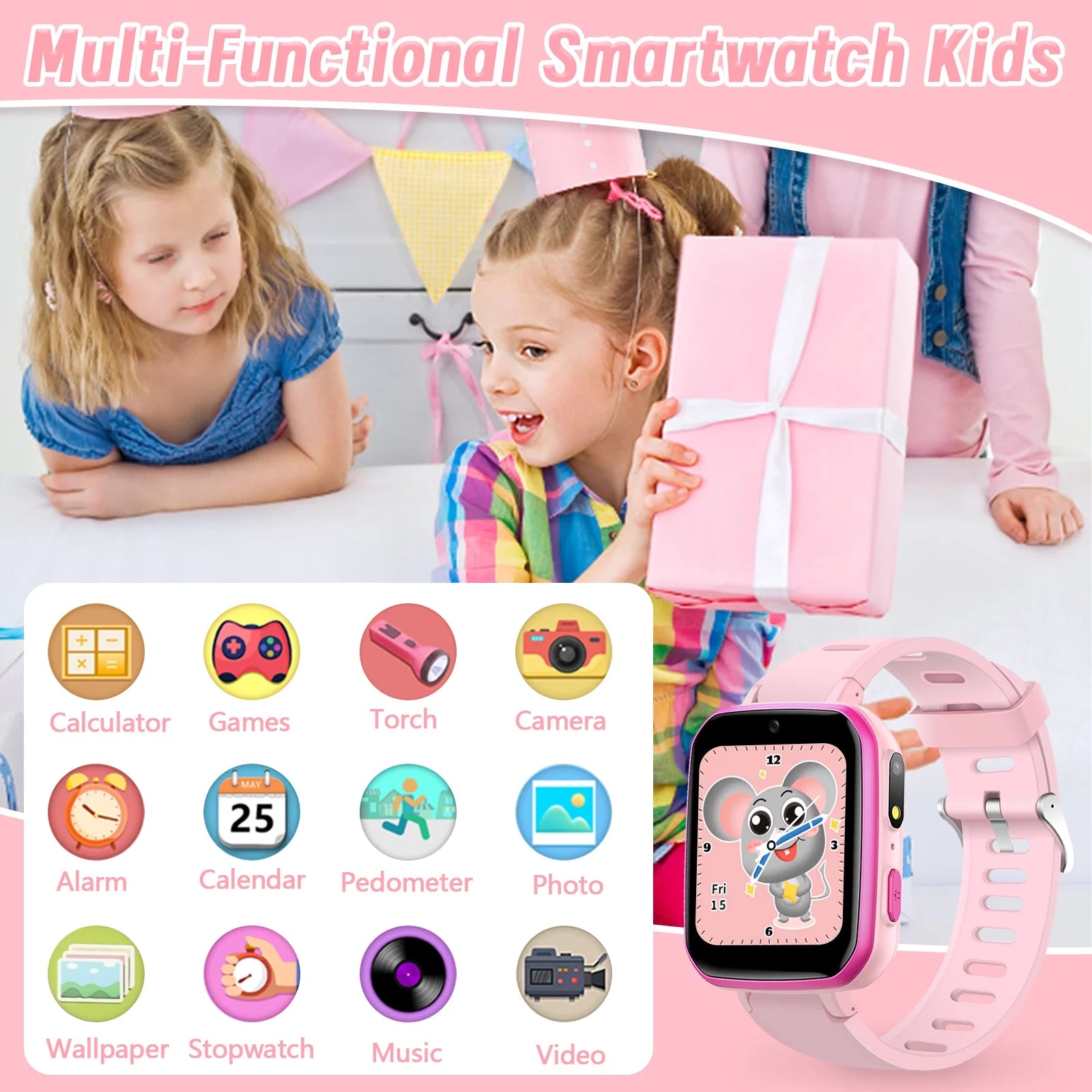 Kids Watch, Waterproof Smart Watch for Girls with Games,Hd Touchscreen Camera Music Player,Birthday Gifts Toy for Girls,Pink