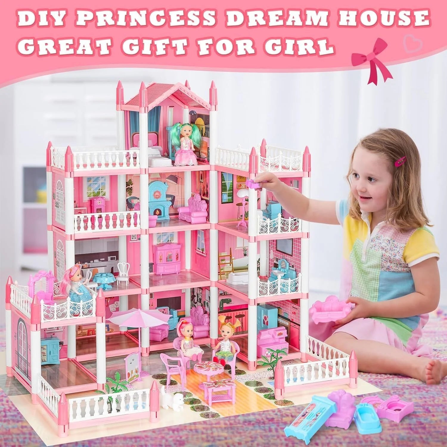 Play Doll House, Dollhouse for Girls Pretend Play DIY Dollhouse Kit 4 Story 11 Rooms Playhouse with 4 Dolls Toy Figures,Furniture and Accessories Set Gift Toy for Kids Ages 3 + Assemble Required