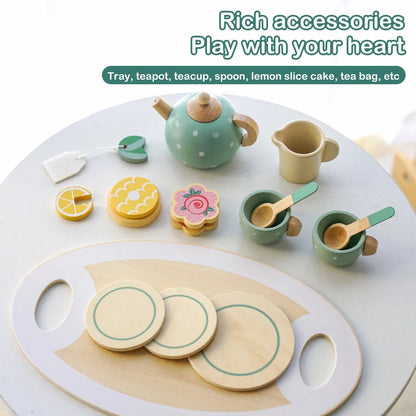 14Pcs Wooden Tea Set Toy,Toddler Tea Set Play Kitchen Accessories Play Food Playset for Kids Tea Party