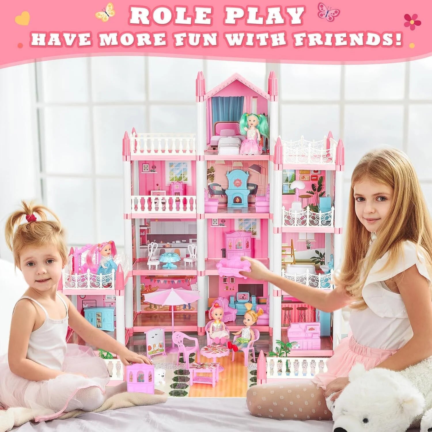 Play Doll House, Dollhouse for Girls Pretend Play DIY Dollhouse Kit 4 Story 11 Rooms Playhouse with 4 Dolls Toy Figures,Furniture and Accessories Set Gift Toy for Kids Ages 3 + Assemble Required