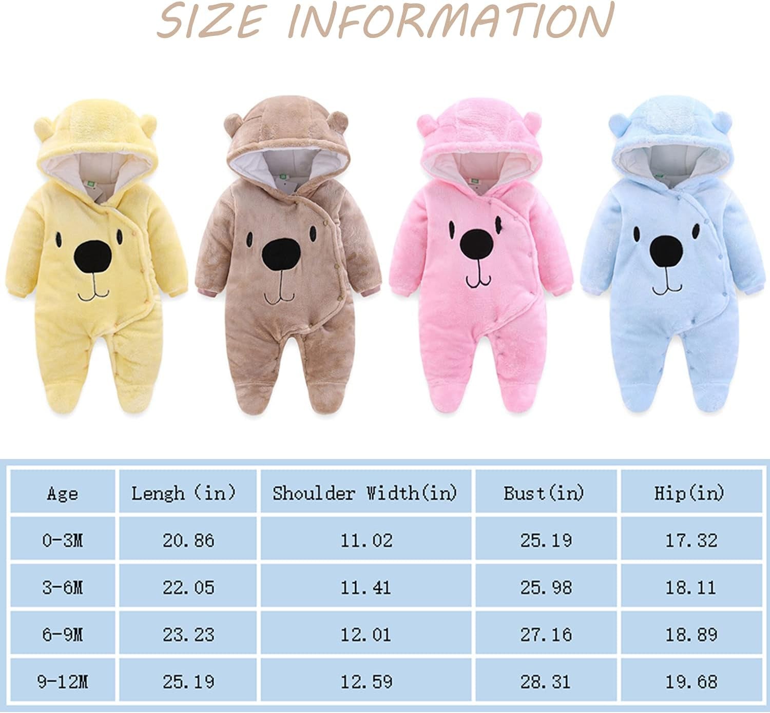 Newborn Baby Cartoon Bear Snowsuit Infant Jumpsuit Footie Romper Winter Coat Romper