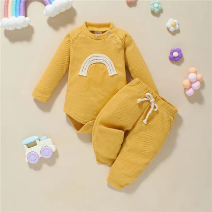 5 Colors Toddler Infant Baby Boy Girls Casual Outfits Rainbow Print Plaid Knitted Long Sleeve Rompers+Pants 2Pcs Newborn Clothes